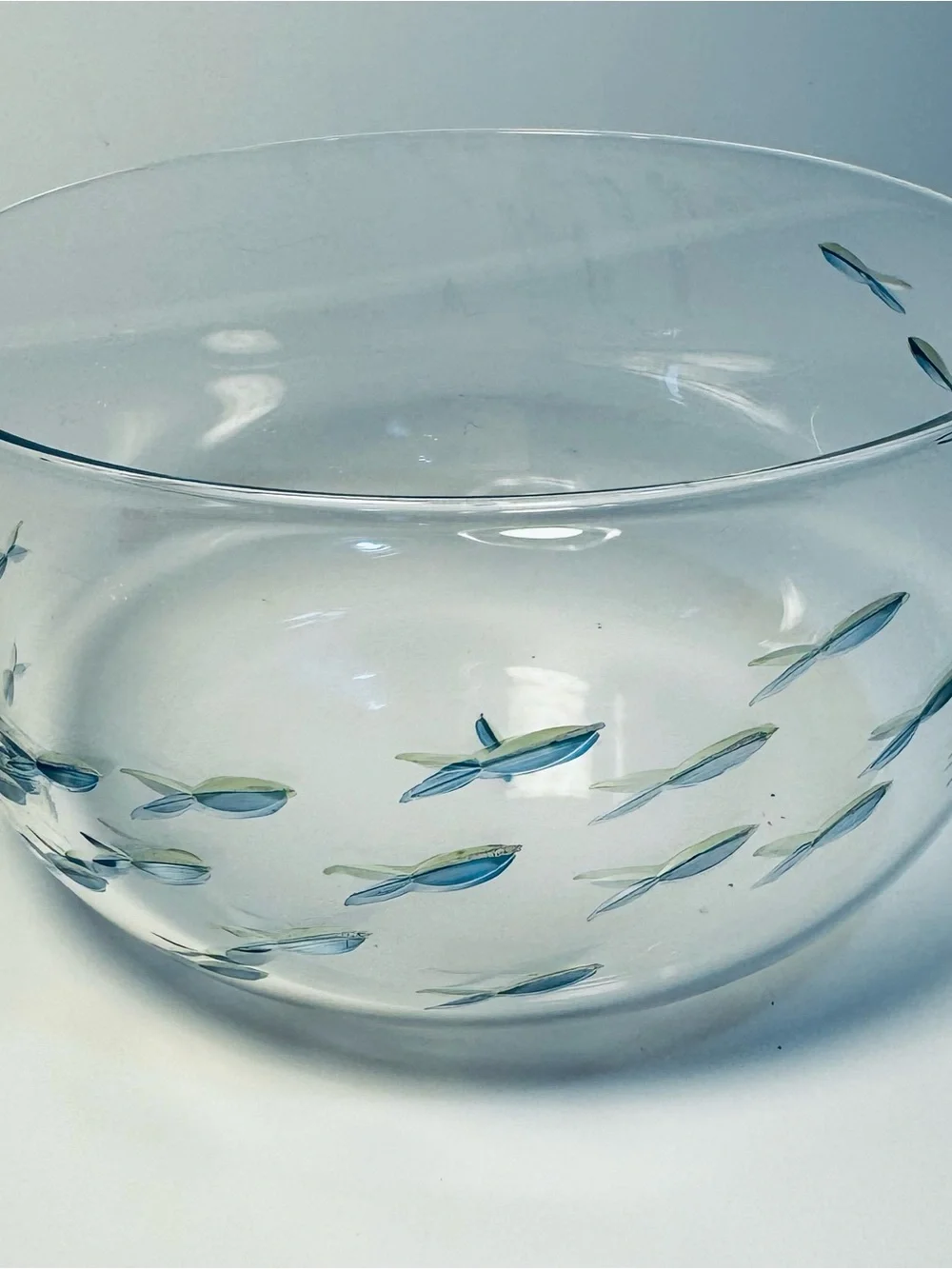 School of Fish Bowl Medium Bowl with Etched Blue Fish Design
